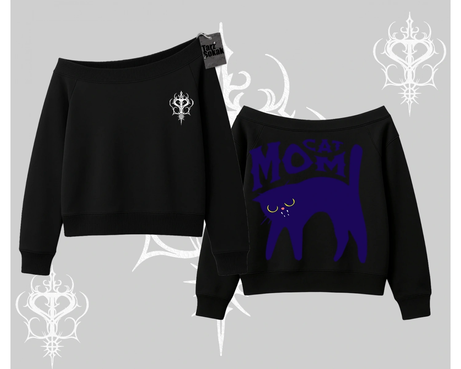 Cat Mom Yazılı Minimal Kedi Arka Baskılı Kayık Yaka Sweatshirt