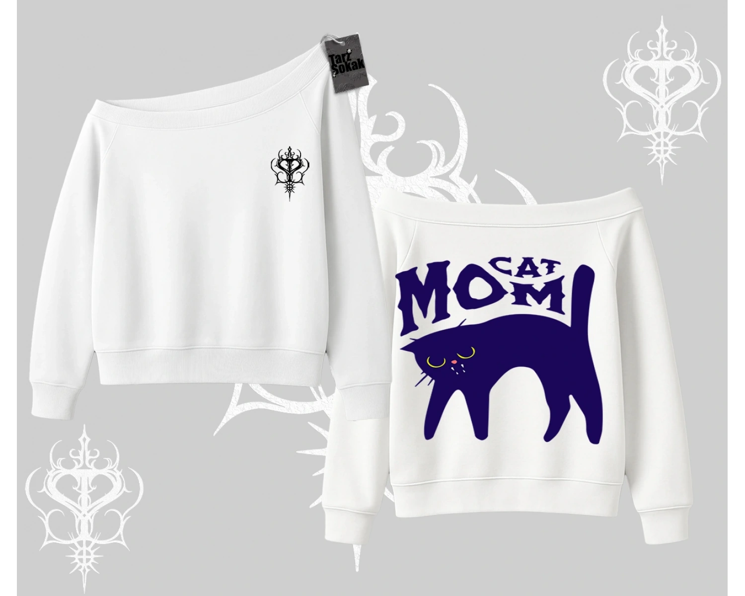 Cat Mom Yazılı Minimal Kedi Arka Baskılı Kayık Yaka Sweatshirt