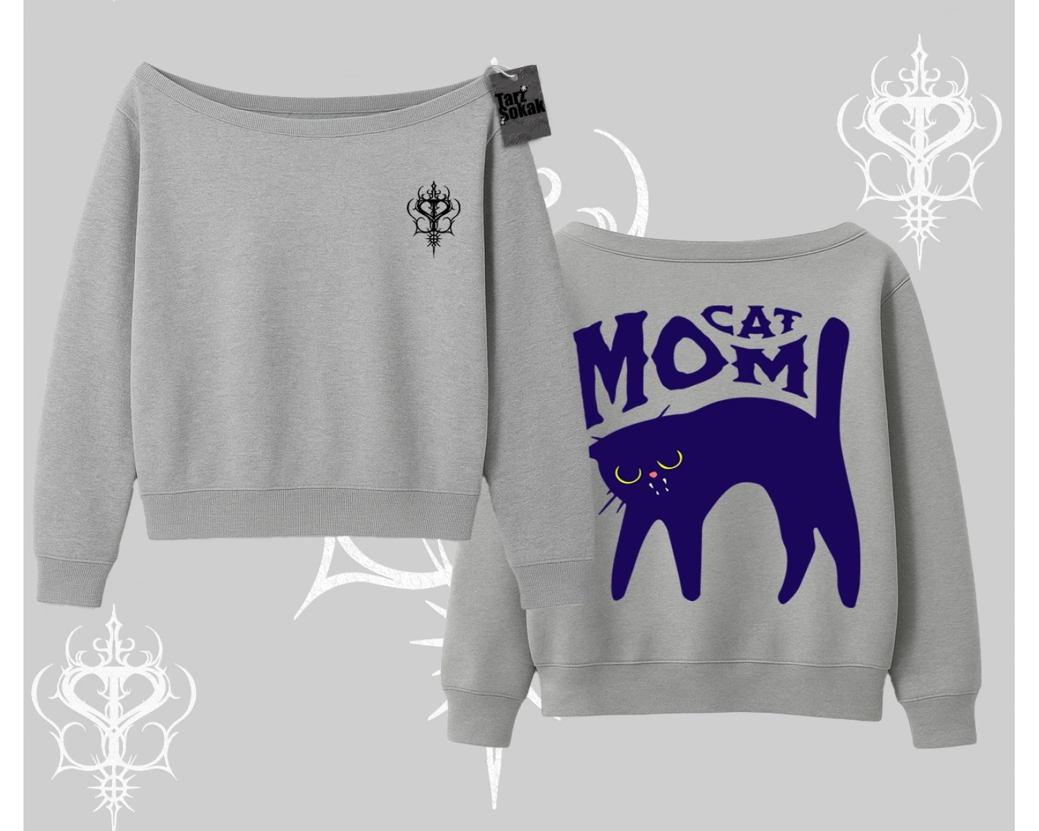 Cat Mom Yazılı Minimal Kedi Arka Baskılı Kayık Yaka Sweatshirt