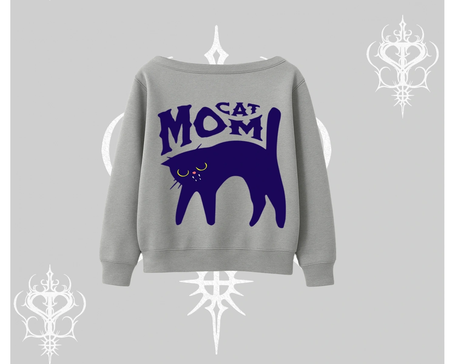 Cat Mom Yazılı Minimal Kedi Arka Baskılı Kayık Yaka Sweatshirt