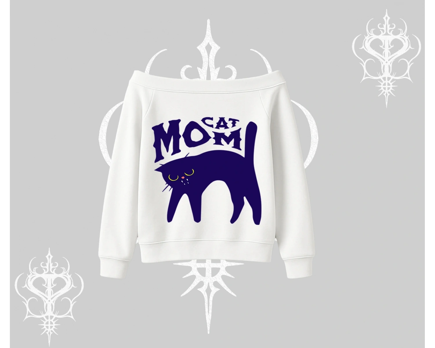 Cat Mom Yazılı Minimal Kedi Arka Baskılı Kayık Yaka Sweatshirt