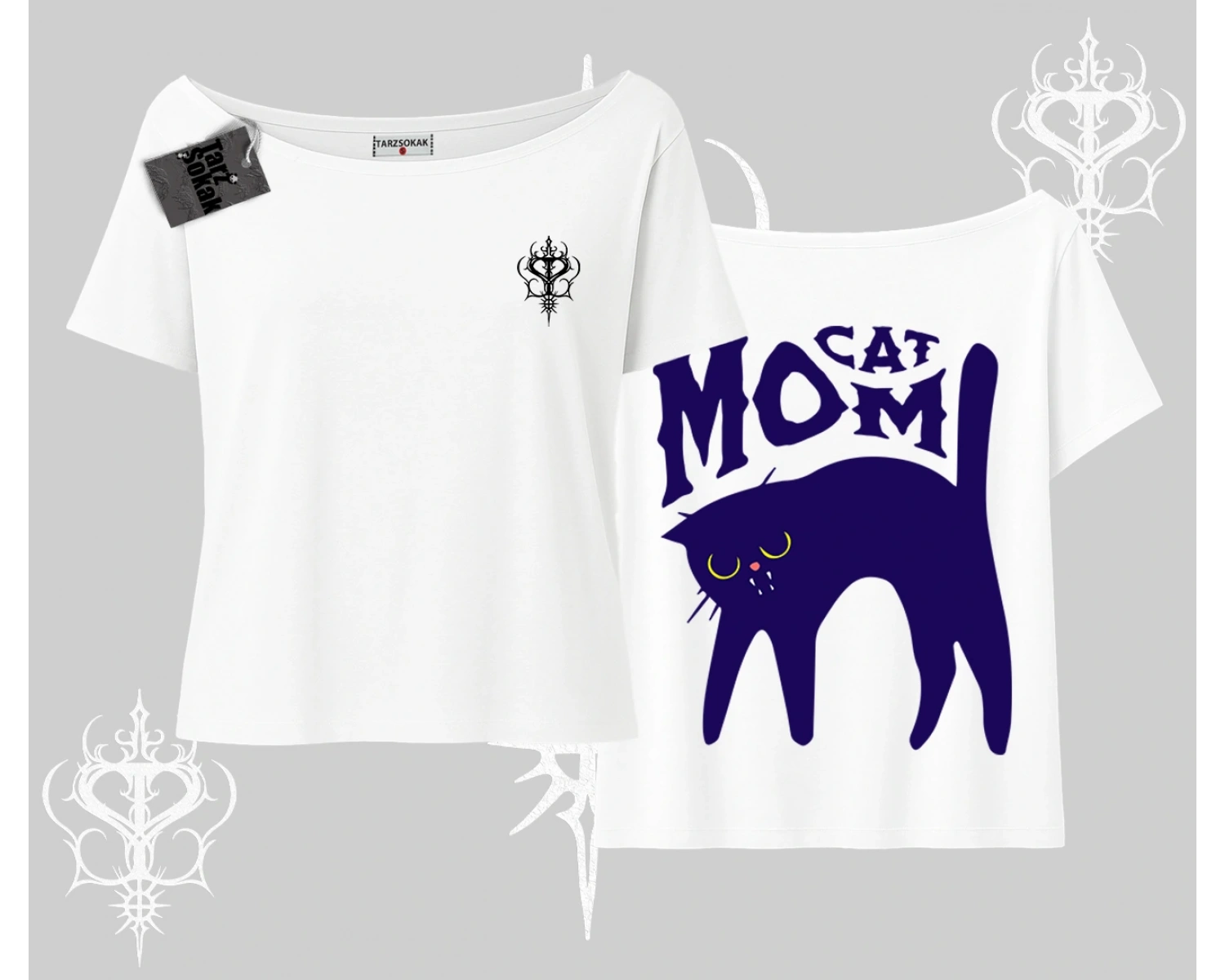 Cat Mom Yazılı Minimal Kedi Arka Baskılı Kayık Yaka Tshirt