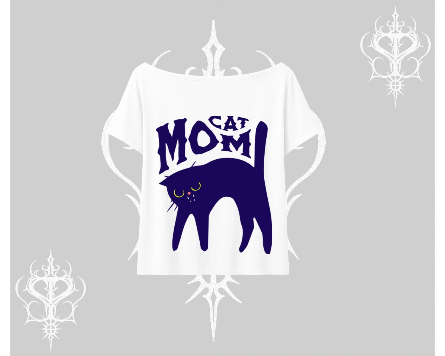 Cat Mom Yazılı Minimal Kedi Arka Baskılı Kayık Yaka Tshirt