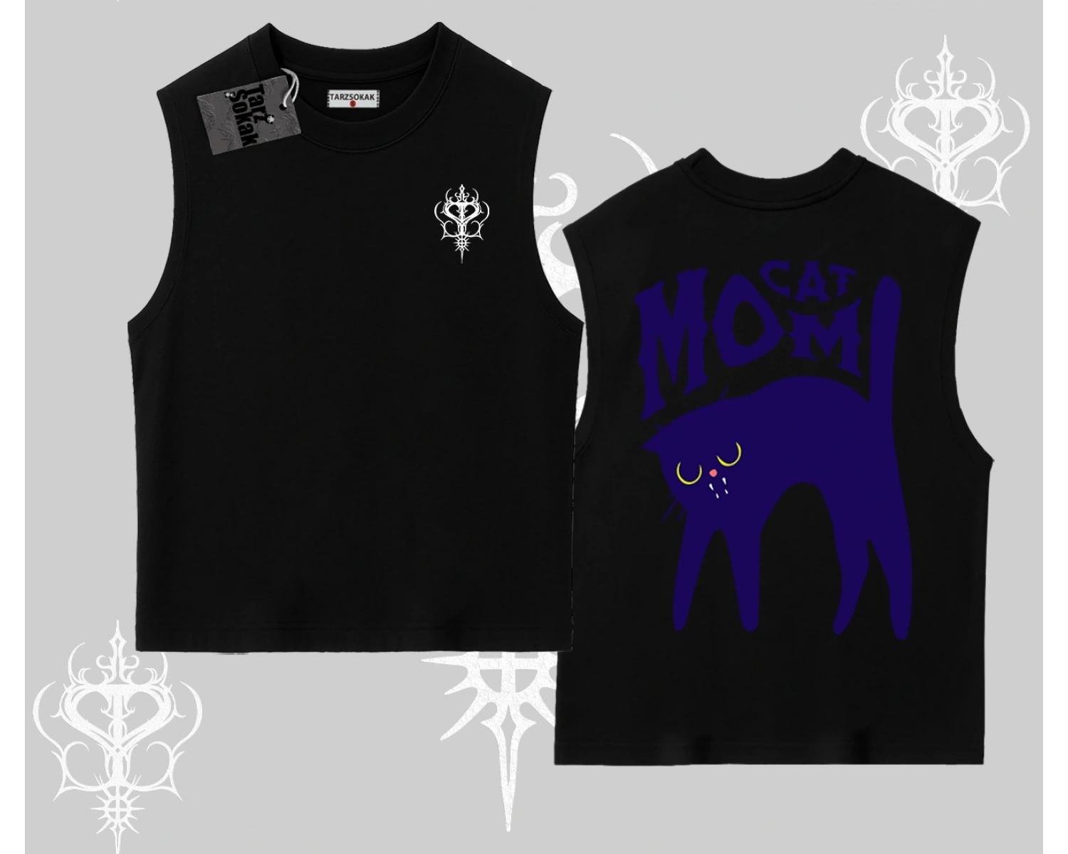 Cat Mom Yazılı Minimal Kedi Arka Baskılı Kolsuz Tshirt