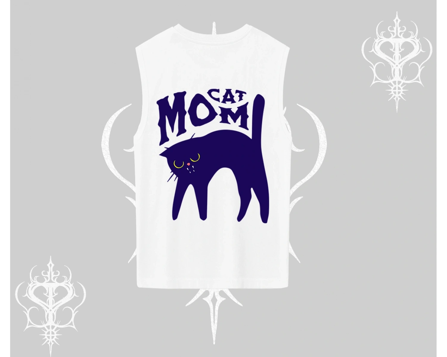 Cat Mom Yazılı Minimal Kedi Arka Baskılı Kolsuz Tshirt