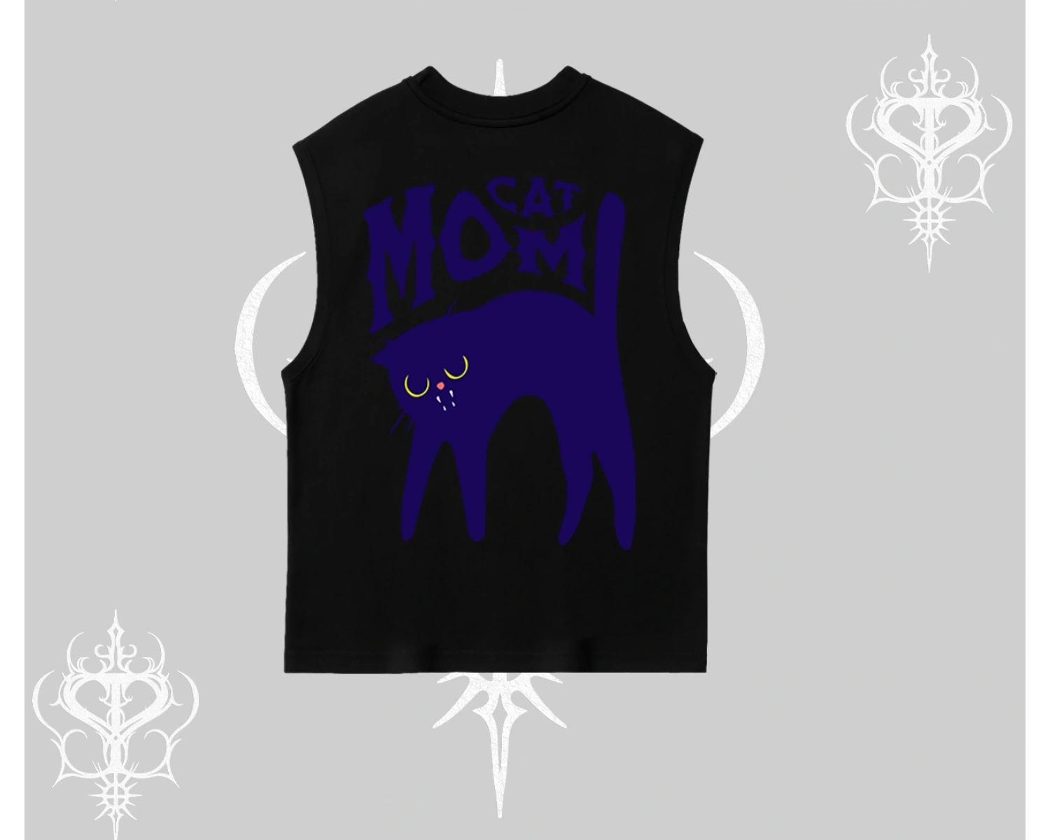 Cat Mom Yazılı Minimal Kedi Arka Baskılı Kolsuz Tshirt