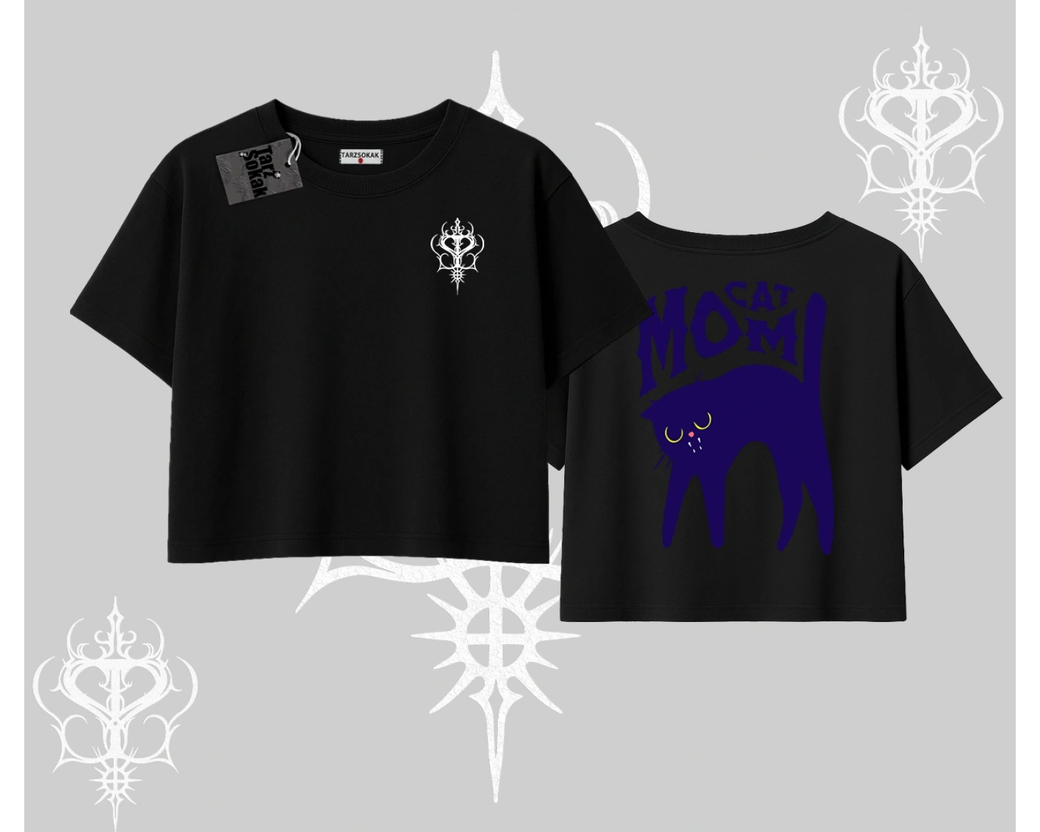 Cat Mom Yazılı Minimal Kedi Arka Baskılı Oversize Crop Tshirt