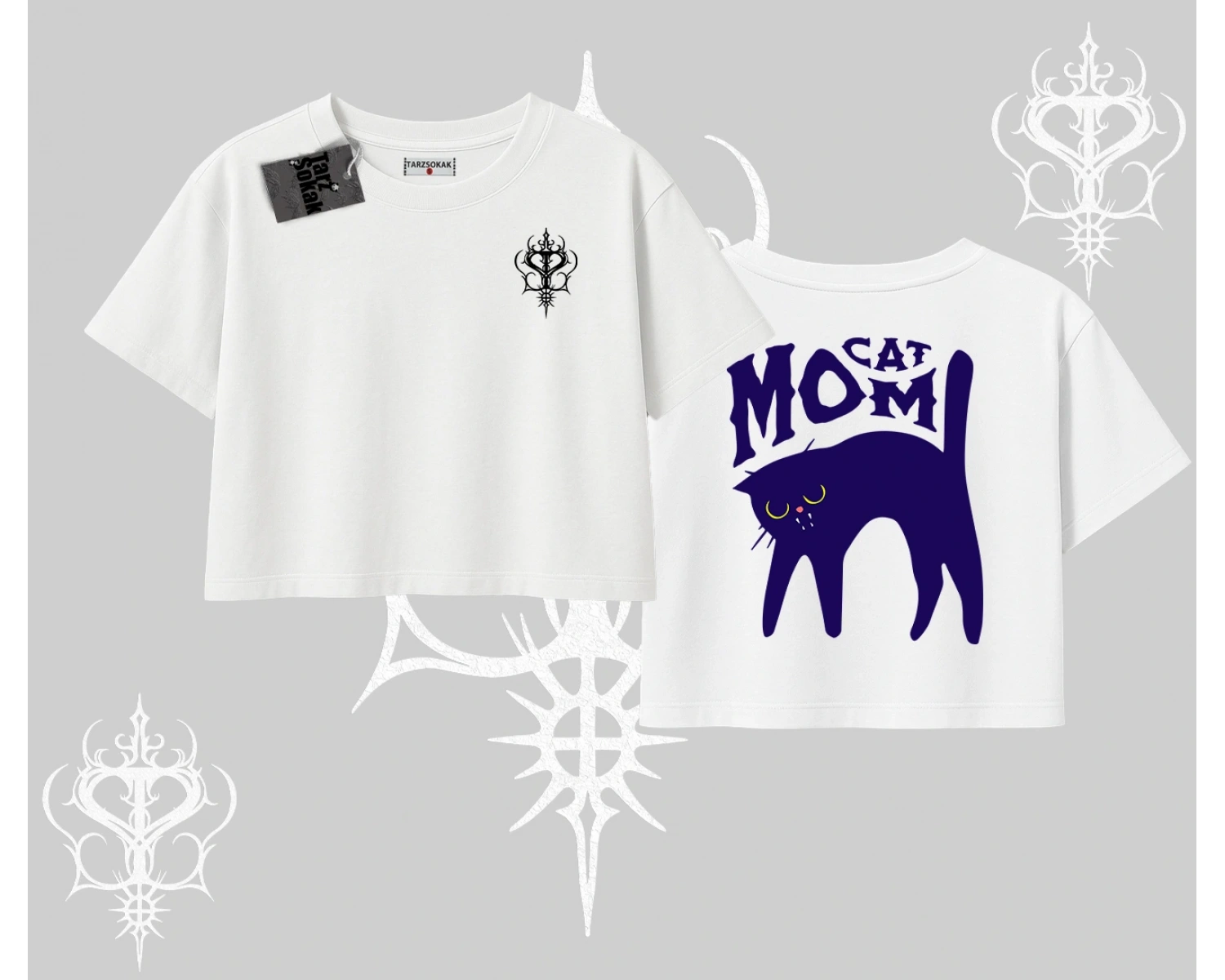 Cat Mom Yazılı Minimal Kedi Arka Baskılı Oversize Crop Tshirt