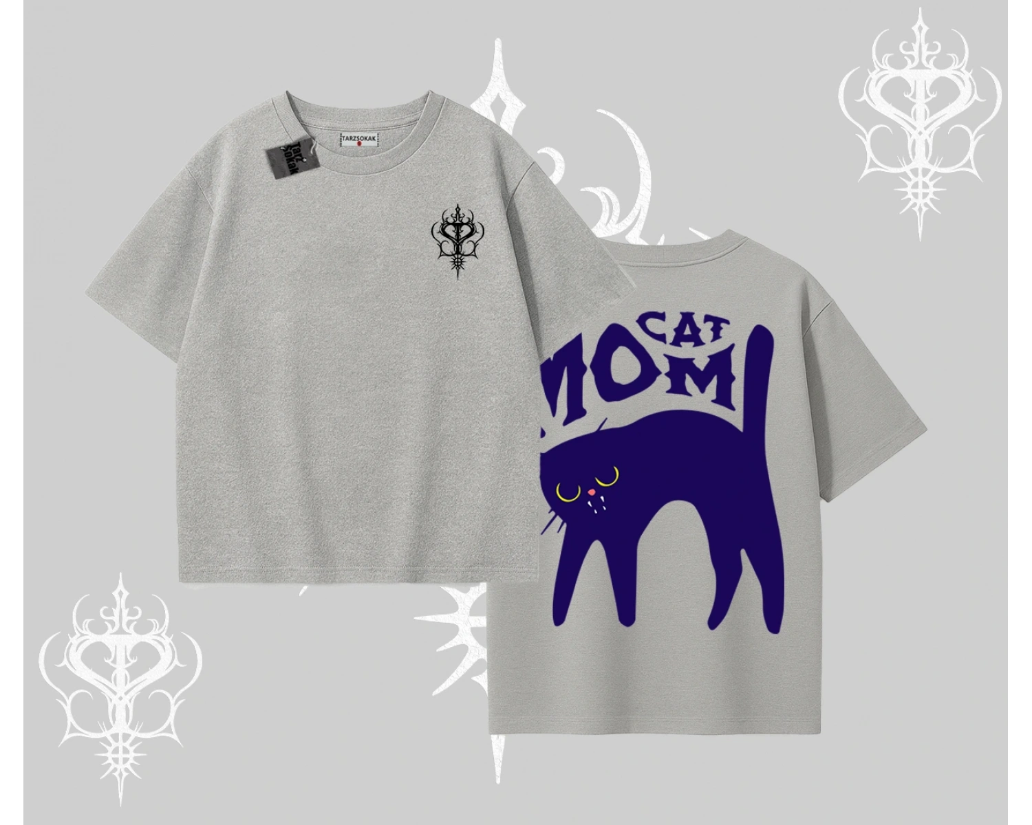 Cat Mom Yazılı Minimal Kedi Arka Baskılı Oversize Tshirt