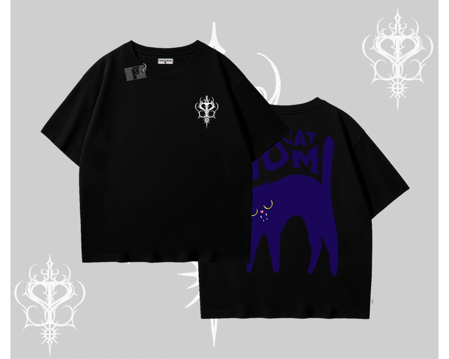 Cat Mom Yazılı Minimal Kedi Arka Baskılı Oversize Tshirt