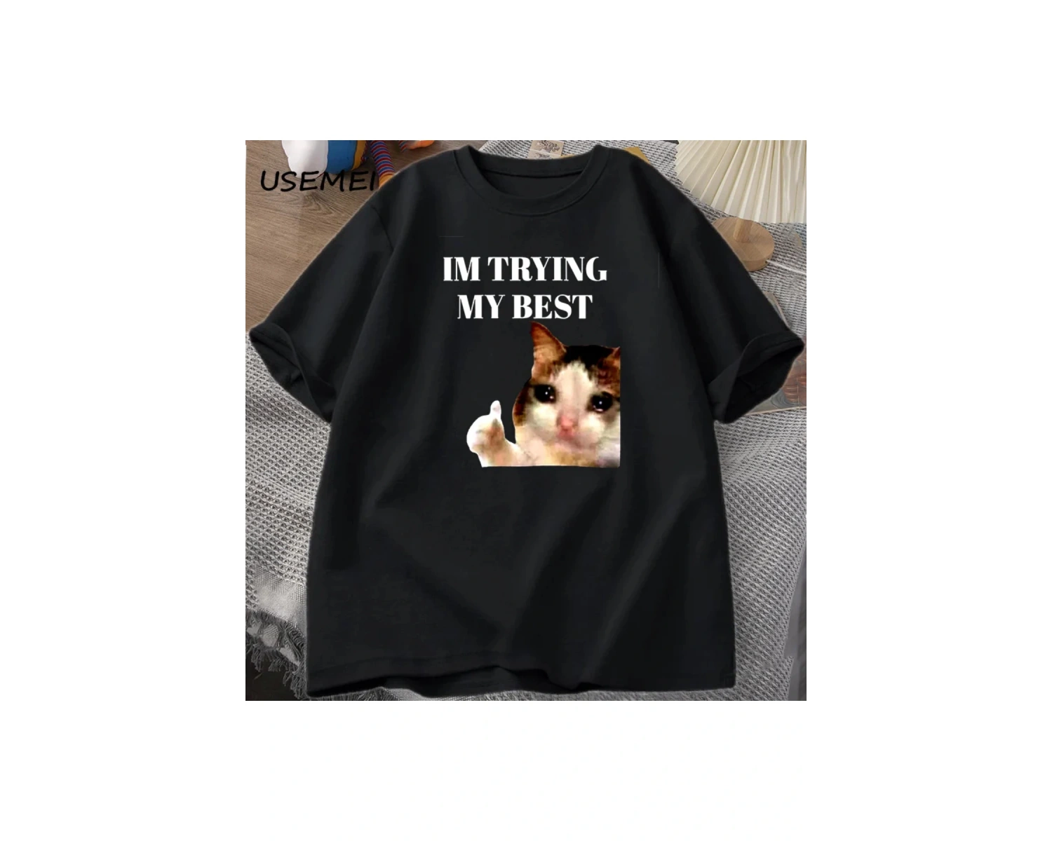 Cat Thumbs Up Crying Im Trying My Best Funny Tee Casual Cotton Short Sleeve T-Shirt Streetwe 2981