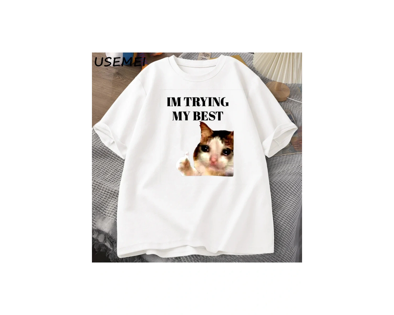 Cat Thumbs Up Crying Im Trying My Best Funny Tee Casual Cotton Short Sleeve T-Shirt Streetwe 2981