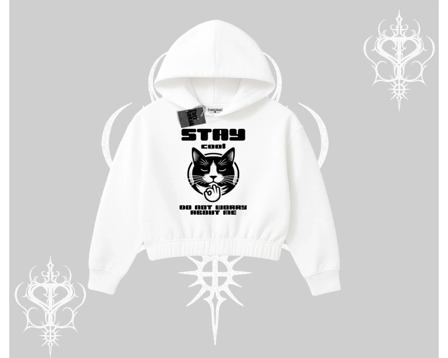 Catronaut Kedi Baskılı Kapşonlu Crop Sweatshirt