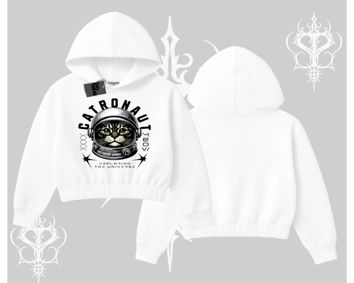 Catronaut Kedi Baskılı Kapşonlu Crop Sweatshirt