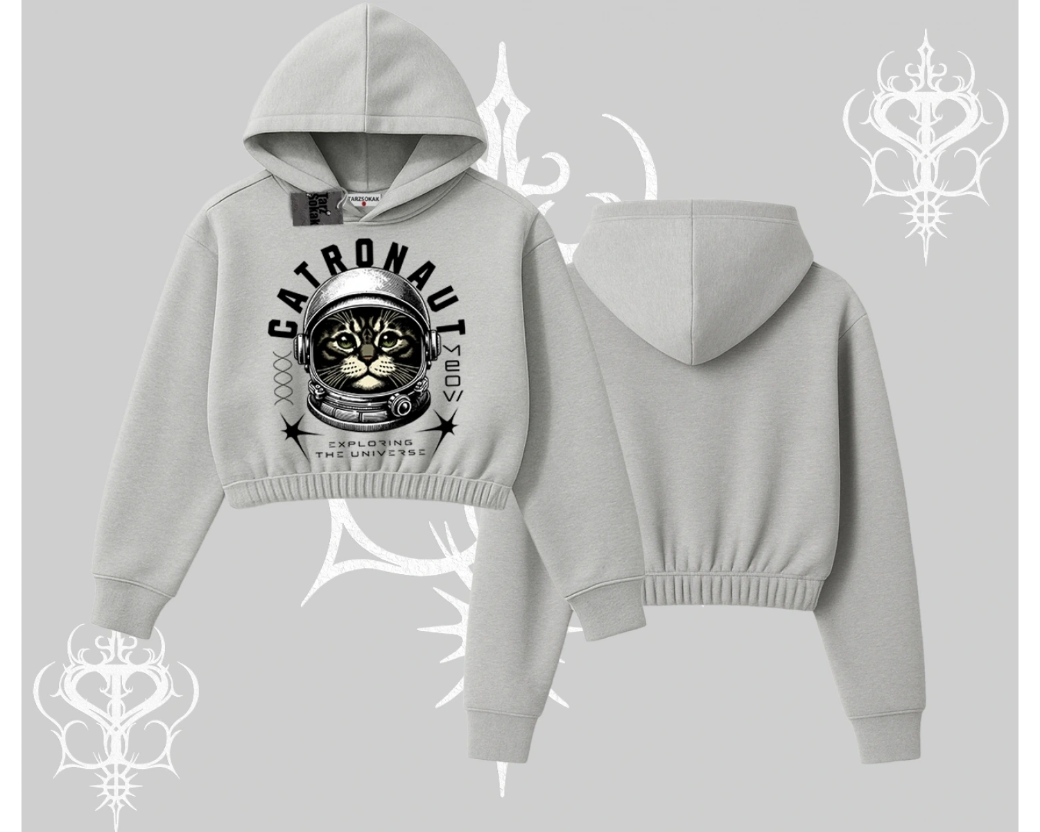 Catronaut Kedi Baskılı Kapşonlu Crop Sweatshirt