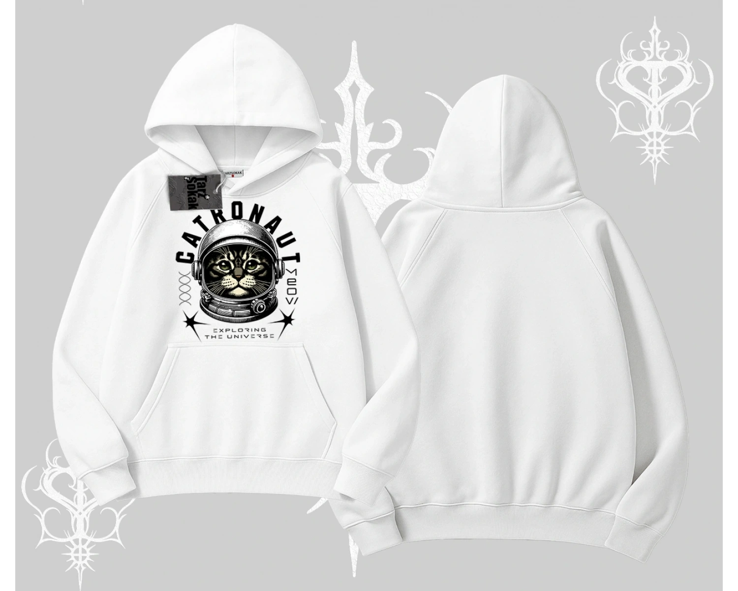 Catronaut Kedi Baskılı Kapşonlu Sweatshirt