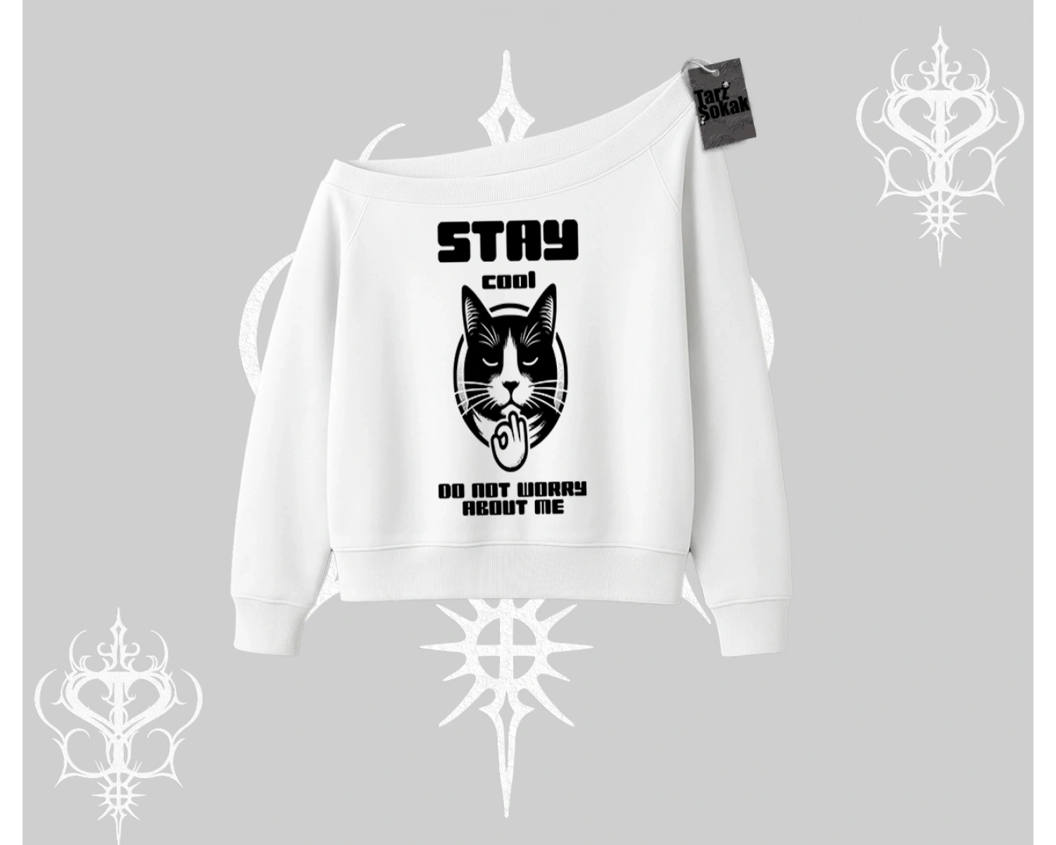 Catronaut Kedi Baskılı Kayık Yaka Sweatshirt