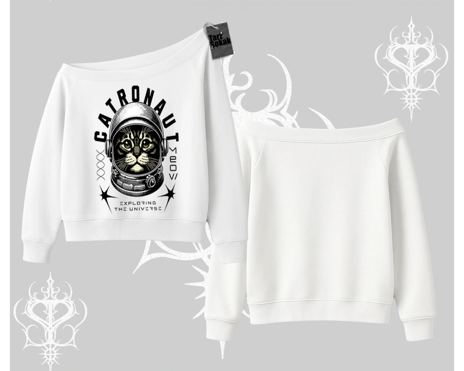 Catronaut Kedi Baskılı Kayık Yaka Sweatshirt