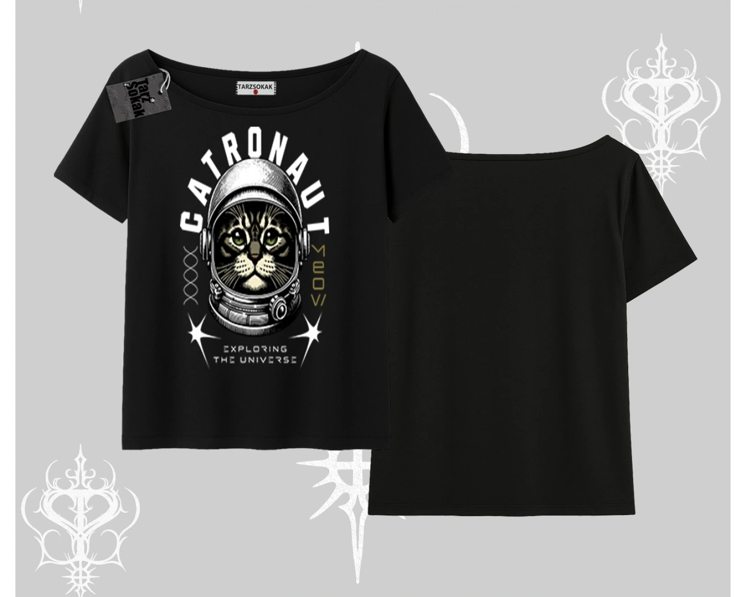 Catronaut Kedi Baskılı Kayık Yaka Tshirt