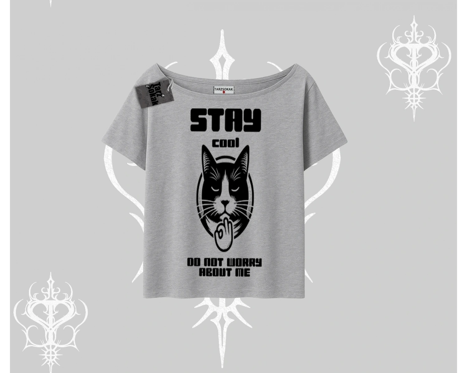 Catronaut Kedi Baskılı Oversize Crop Tshirt