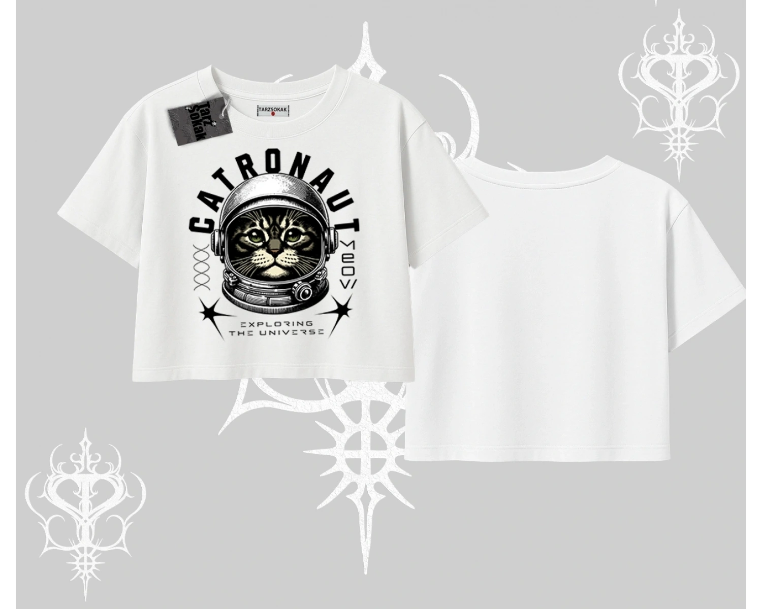Catronaut Kedi Baskılı Oversize Crop Tshirt