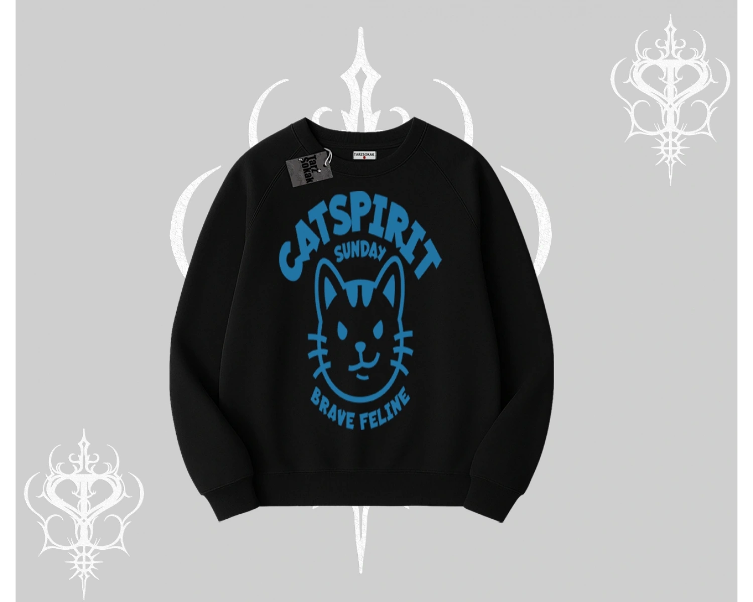 Catspirit Sunday Brave Feline Yazılı Kedi Baskılı Biskilet Sweatshirt