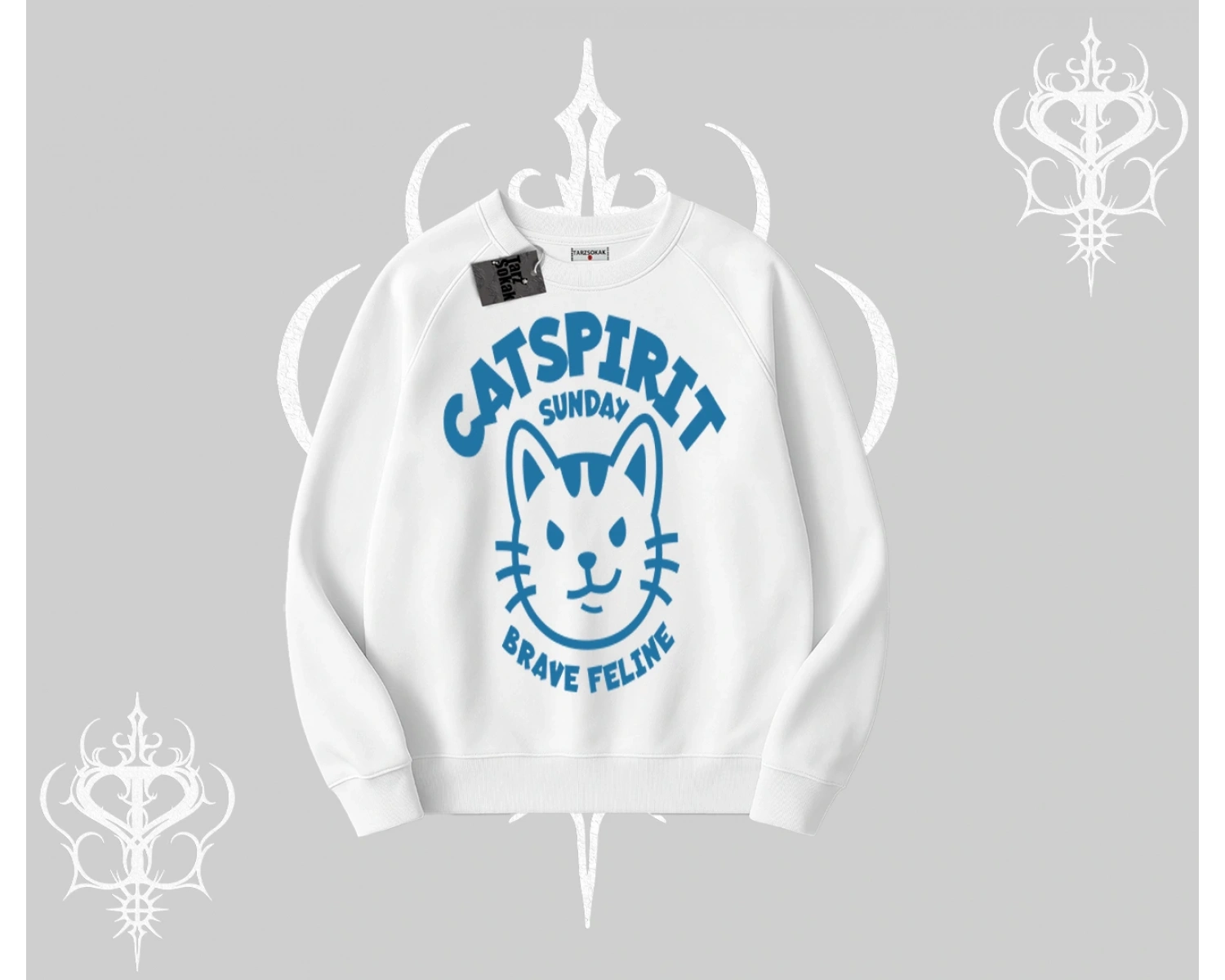 Catspirit Sunday Brave Feline Yazılı Kedi Baskılı Biskilet Sweatshirt