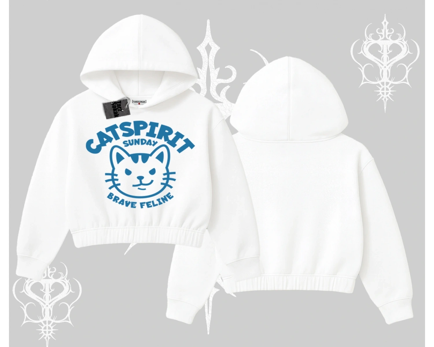 Catspirit Sunday Brave Feline Yazılı Kedi Baskılı Kapşonlu Crop Sweatshirt