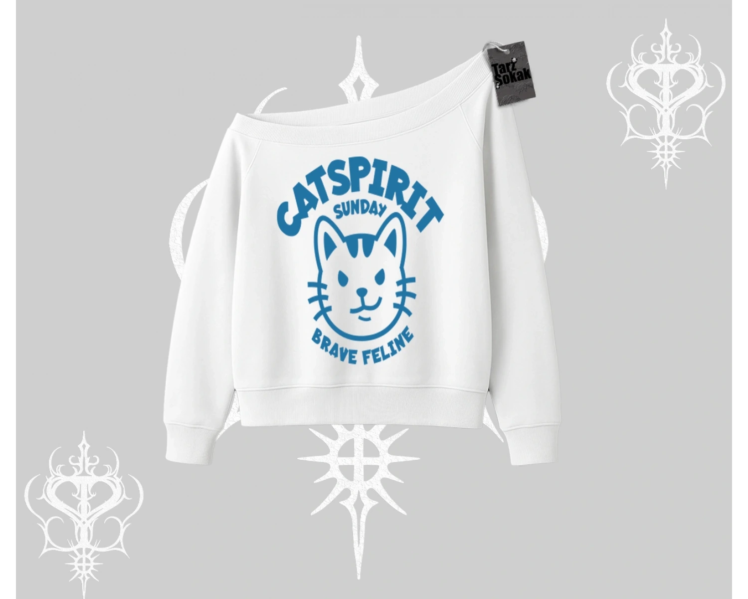 Catspirit Sunday Brave Feline Yazılı Kedi Baskılı Kayık Yaka Sweatshirt