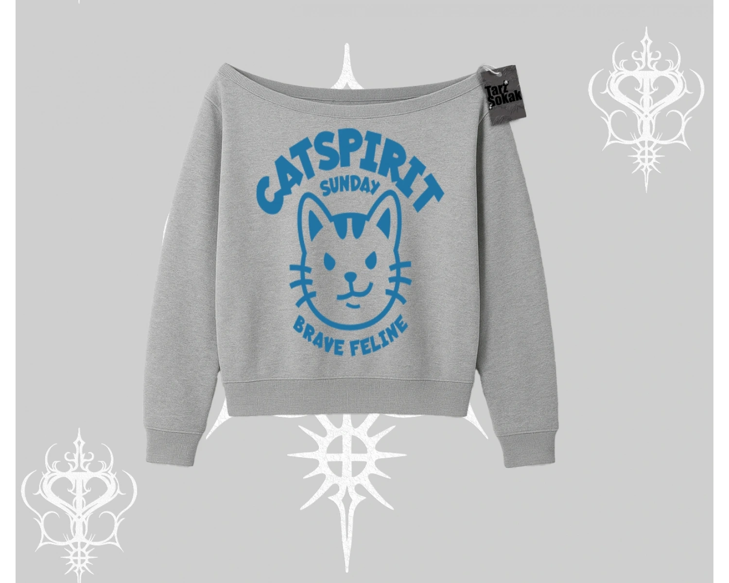 Catspirit Sunday Brave Feline Yazılı Kedi Baskılı Kayık Yaka Sweatshirt