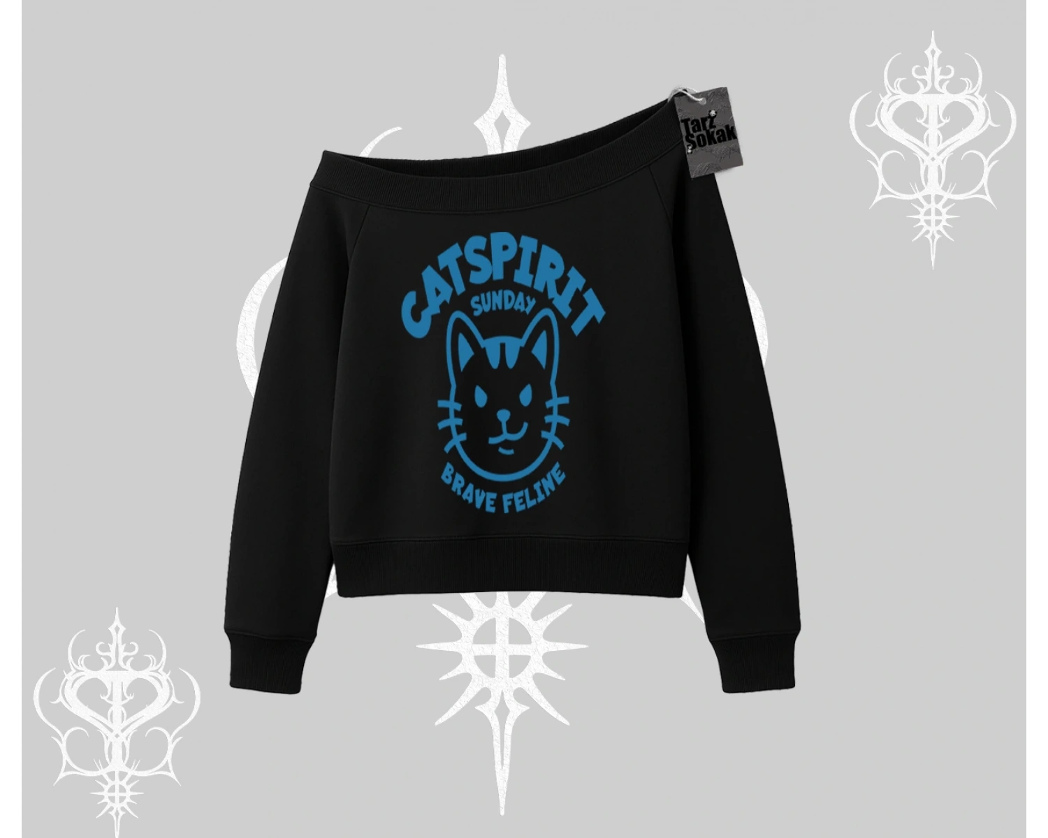 Catspirit Sunday Brave Feline Yazılı Kedi Baskılı Kayık Yaka Sweatshirt