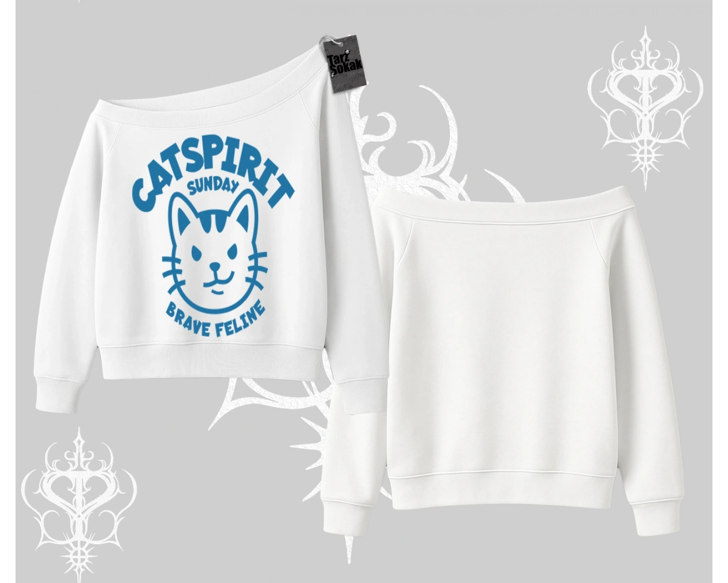 Catspirit Sunday Brave Feline Yazılı Kedi Baskılı Kayık Yaka Sweatshirt