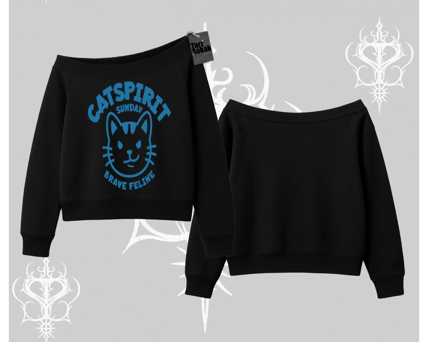 Catspirit Sunday Brave Feline Yazılı Kedi Baskılı Kayık Yaka Sweatshirt