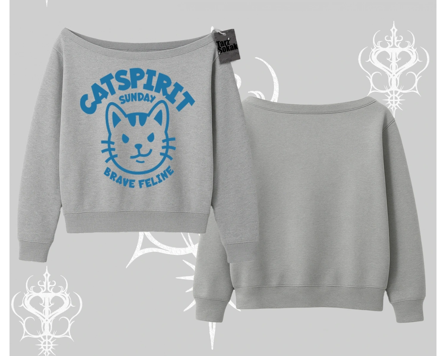 Catspirit Sunday Brave Feline Yazılı Kedi Baskılı Kayık Yaka Sweatshirt