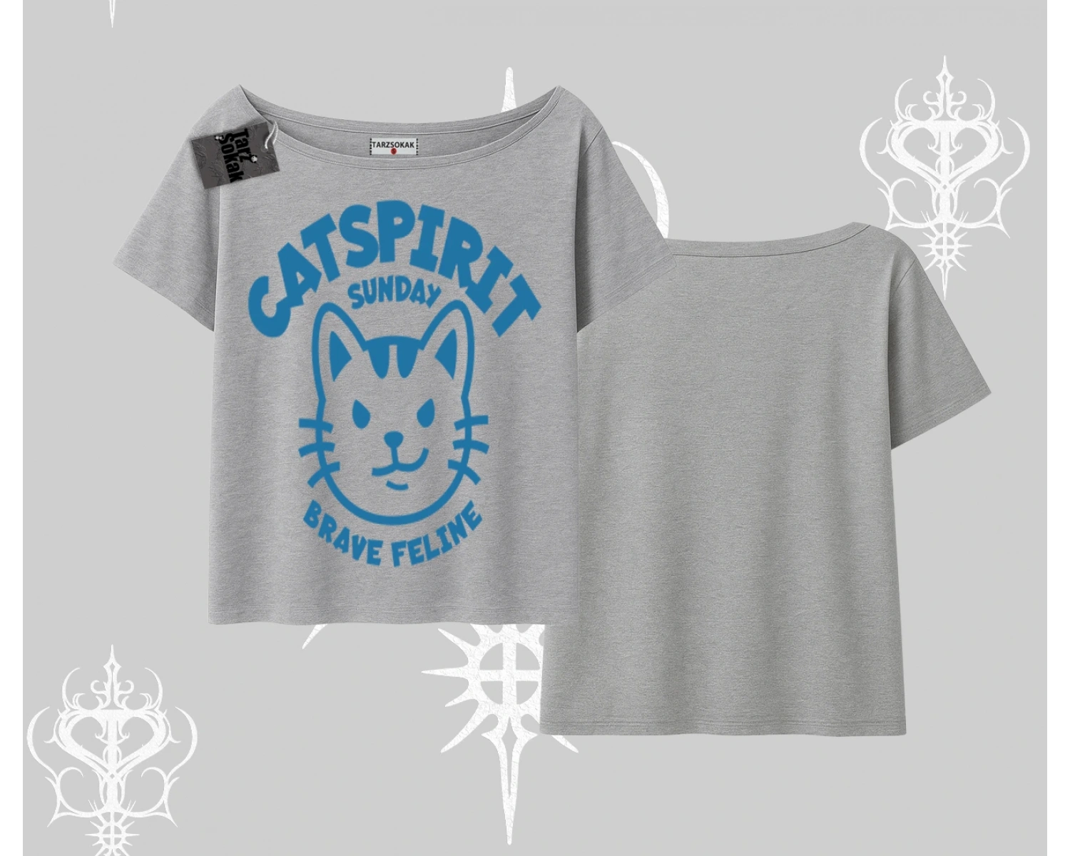 Catspirit Sunday Brave Feline Yazılı Kedi Baskılı Kayık Yaka Tshirt