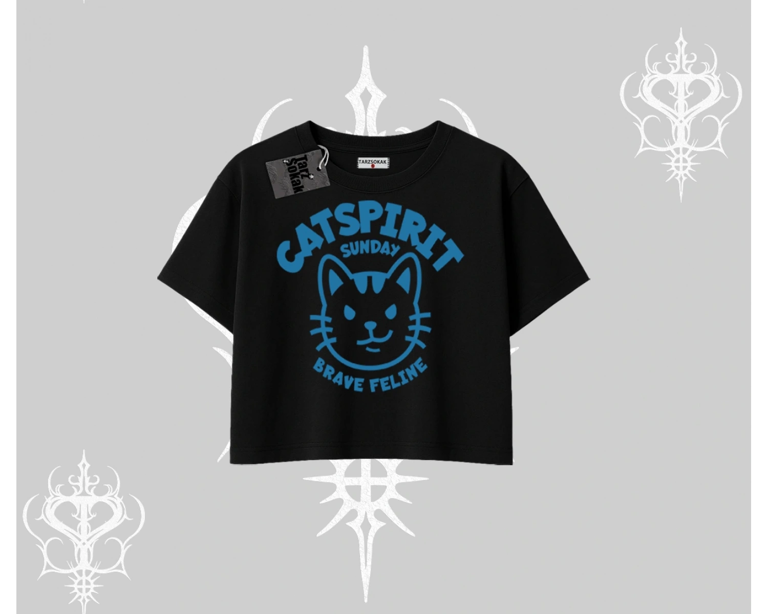 Catspirit Sunday Brave Feline Yazılı Kedi Baskılı Oversize Crop Tshirt
