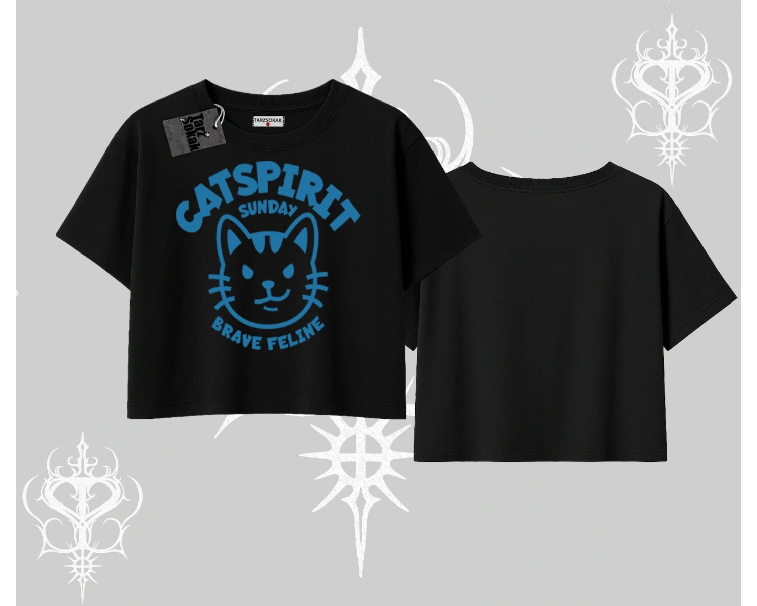 Catspirit Sunday Brave Feline Yazılı Kedi Baskılı Oversize Crop Tshirt