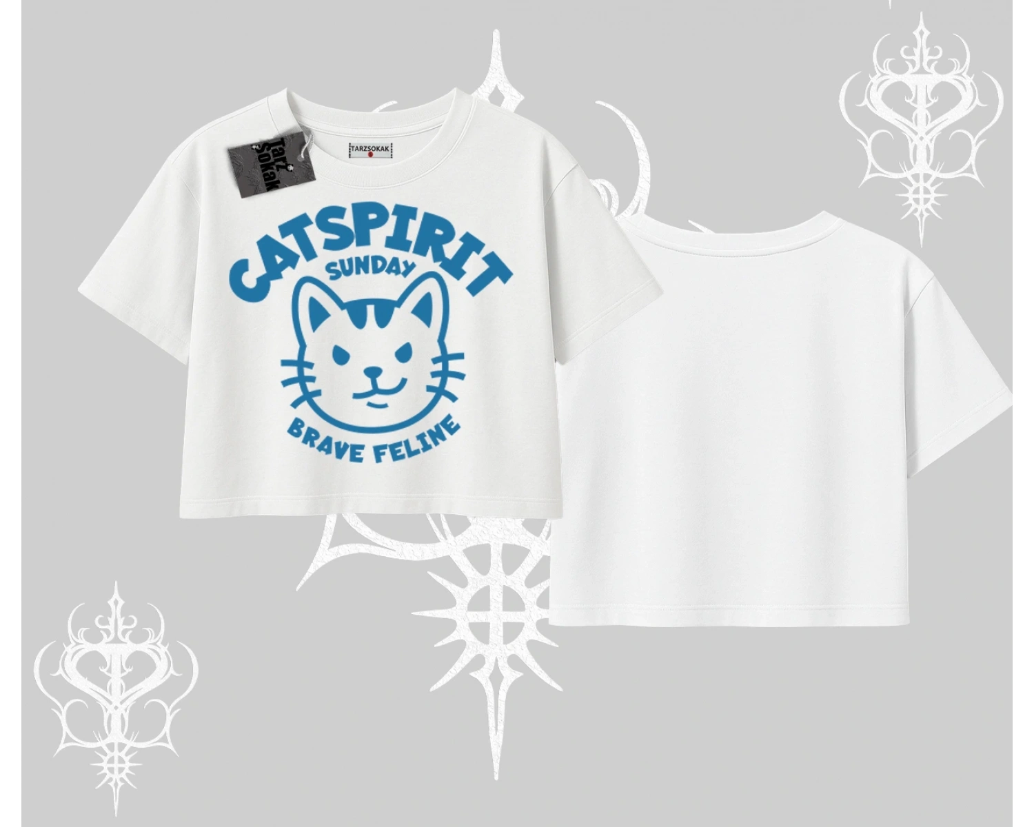 Catspirit Sunday Brave Feline Yazılı Kedi Baskılı Oversize Crop Tshirt