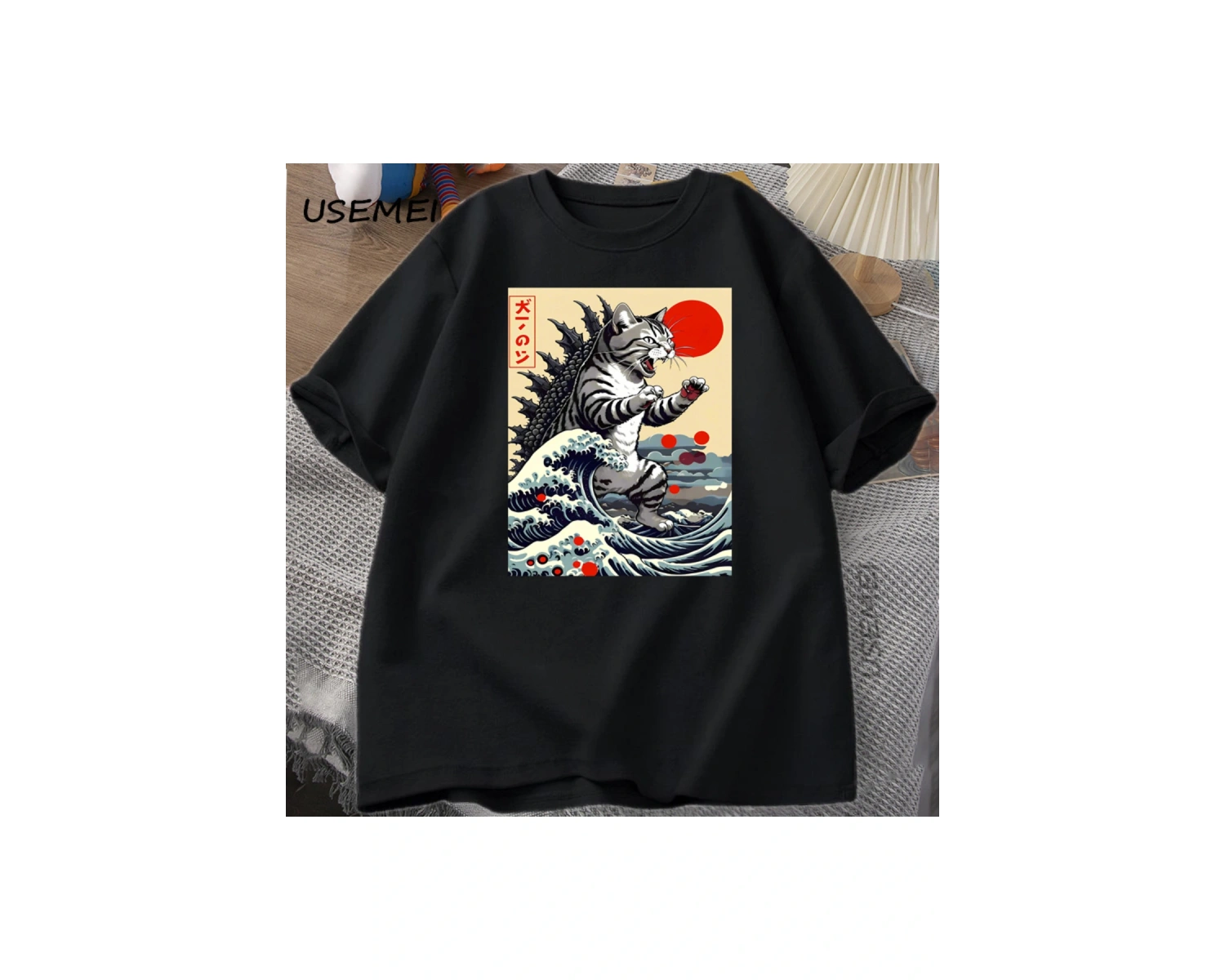 Catzilla Kedi Japon komik tişört Erkekler Kadınlar için Vintage Karikatür Baskı Rahat Rahat Y 2853