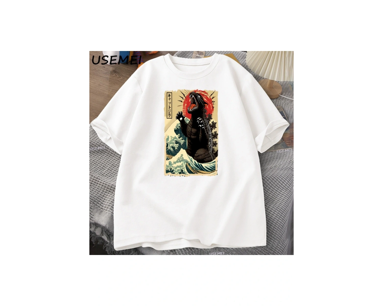 Catzilla T Shirt Kedi Büyük Dalga komik tişört Erkekler Kadınlar için Japon Tshirt Büyük Boy 2932