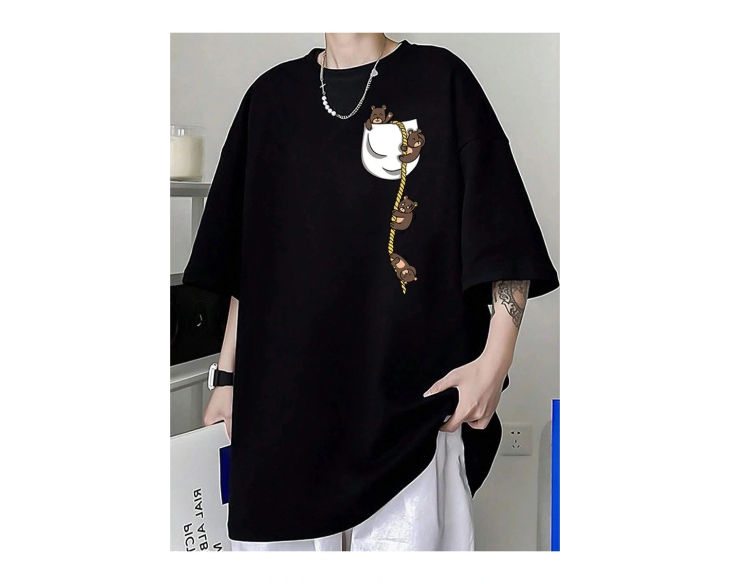 Cep Ayıcık Baskılı Oversize Unisex Pamuk