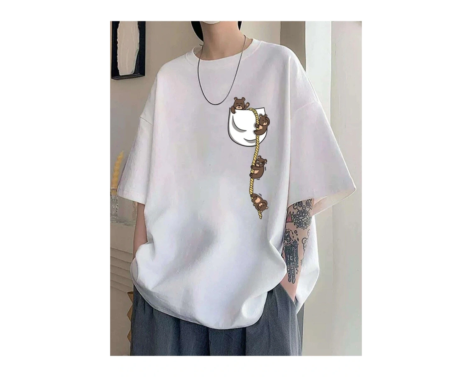 Cep Ayıcık Baskılı Oversize Unisex Pamuk