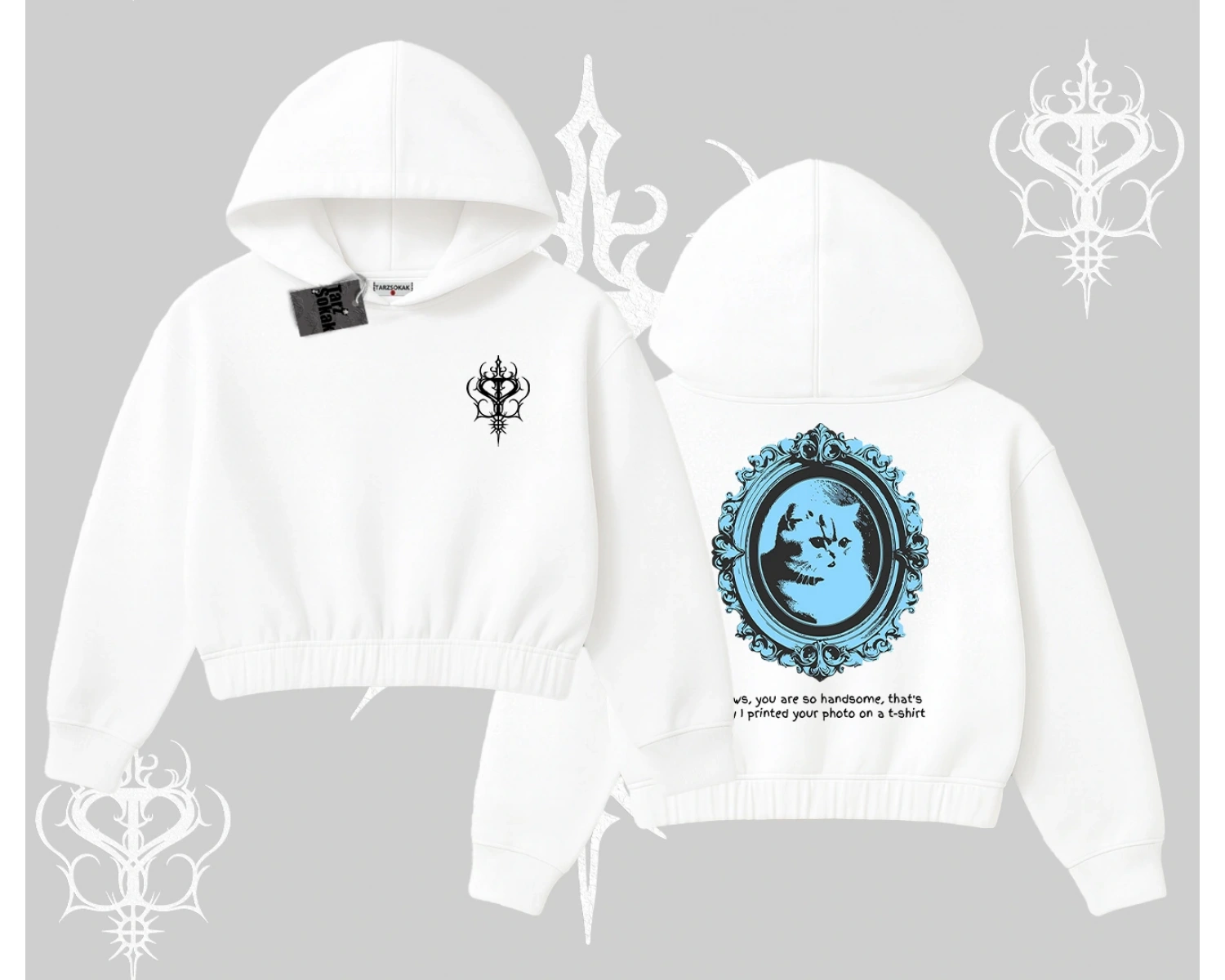 Çerçeveli Kedi Baskılı Kapşonlu Crop Sweatshirt