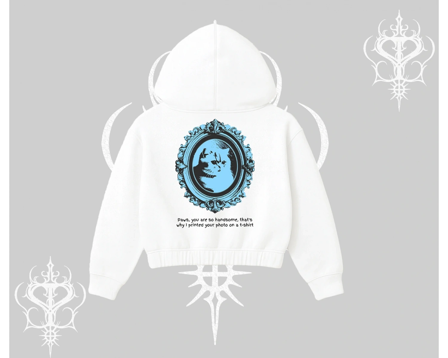 Çerçeveli Kedi Baskılı Kapşonlu Crop Sweatshirt