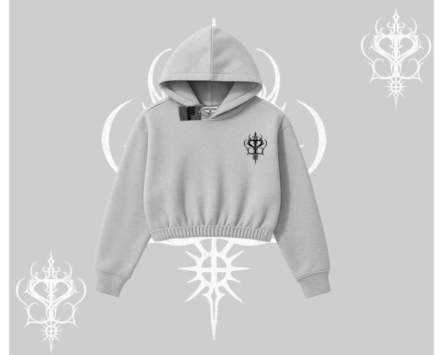 Çerçeveli Kedi Baskılı Kapşonlu Crop Sweatshirt