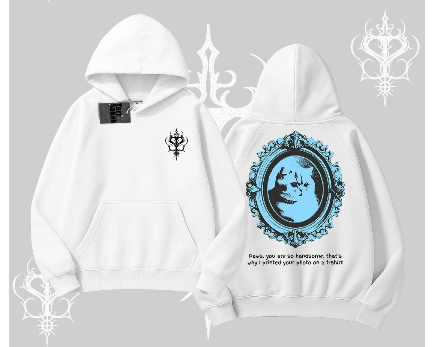 Çerçeveli Kedi Baskılı Kapşonlu Sweatshirt