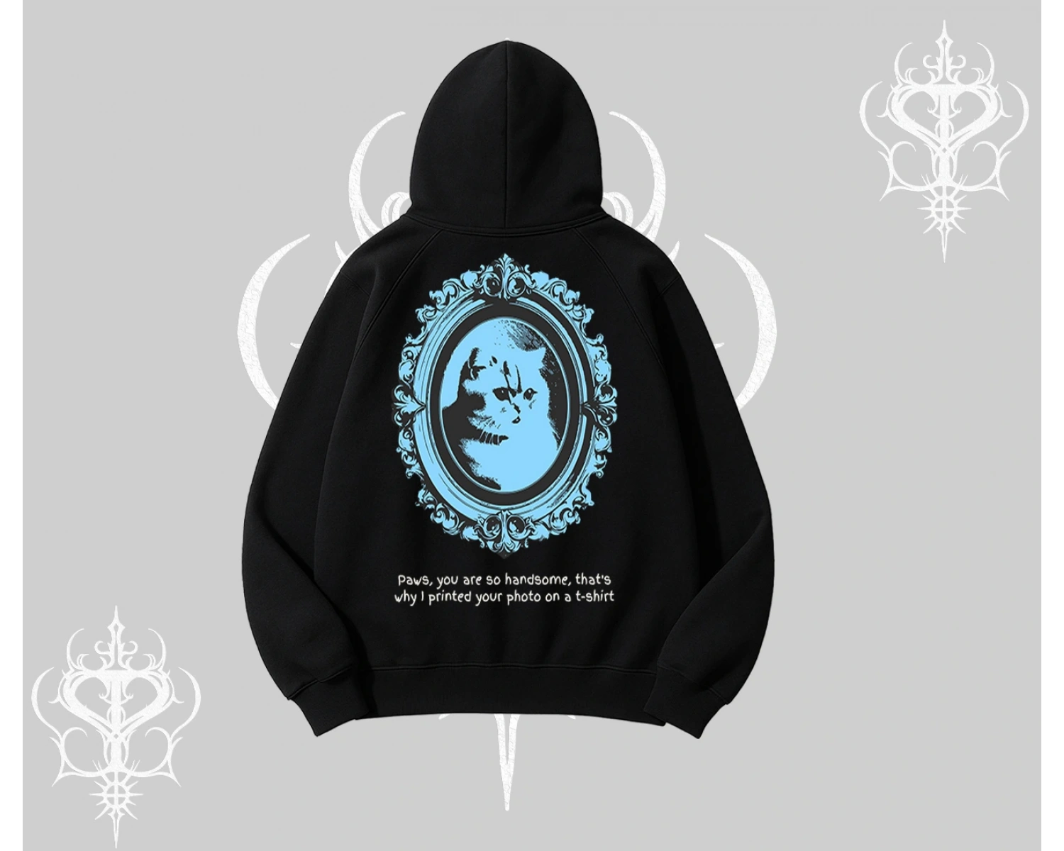 Çerçeveli Kedi Baskılı Kapşonlu Sweatshirt