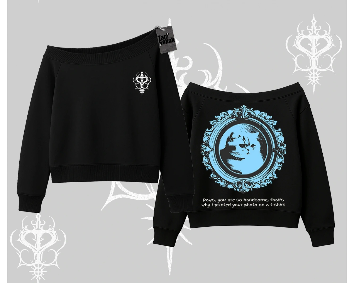 Çerçeveli Kedi Baskılı Kayık Yaka Sweatshirt