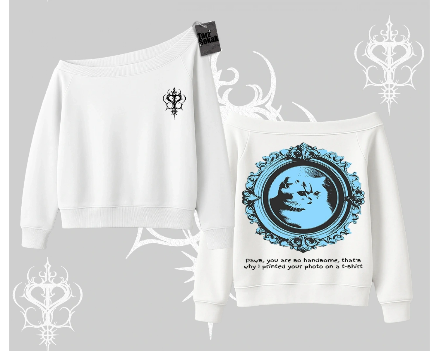 Çerçeveli Kedi Baskılı Kayık Yaka Sweatshirt