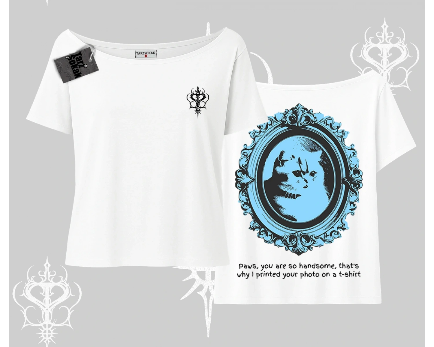 Çerçeveli Kedi Baskılı Kayık Yaka Tshirt